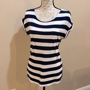 Navy blue and white striped dolman top